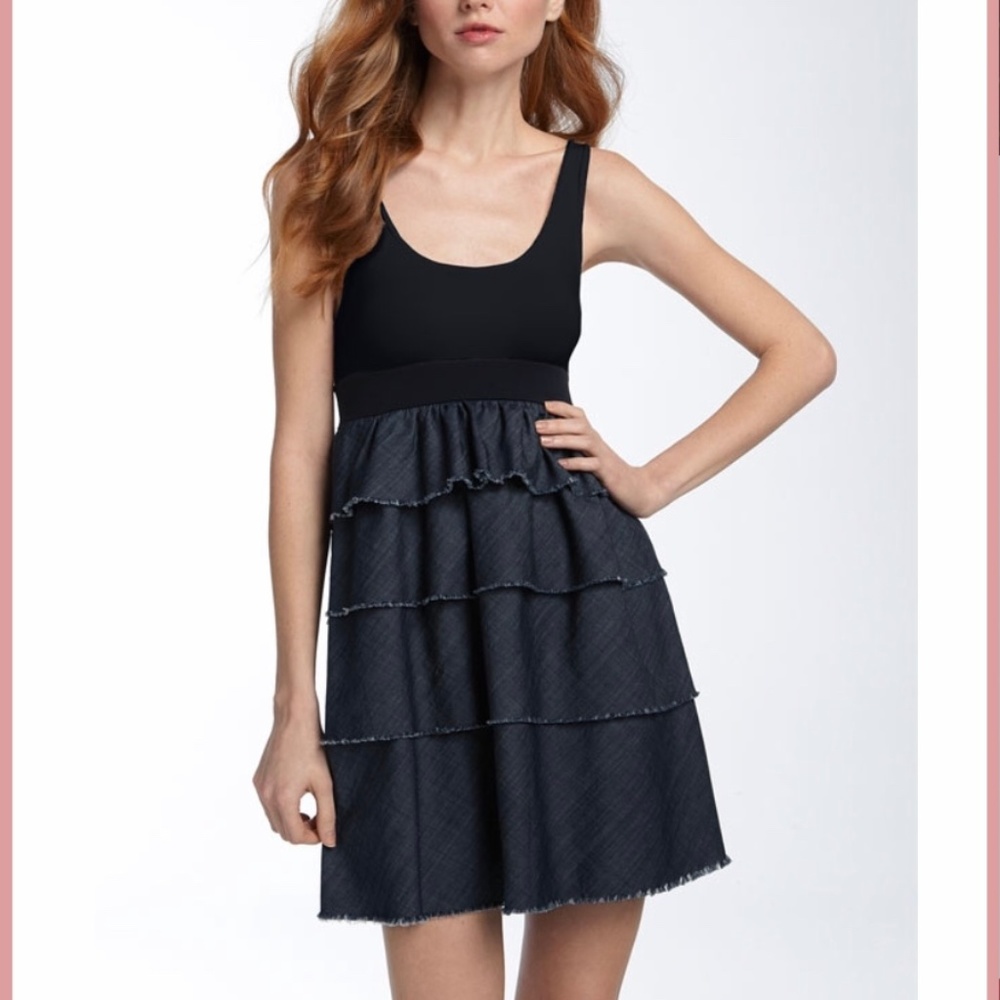Black Blue Denim Vintage Theory ballerina top with jean ruffles dress